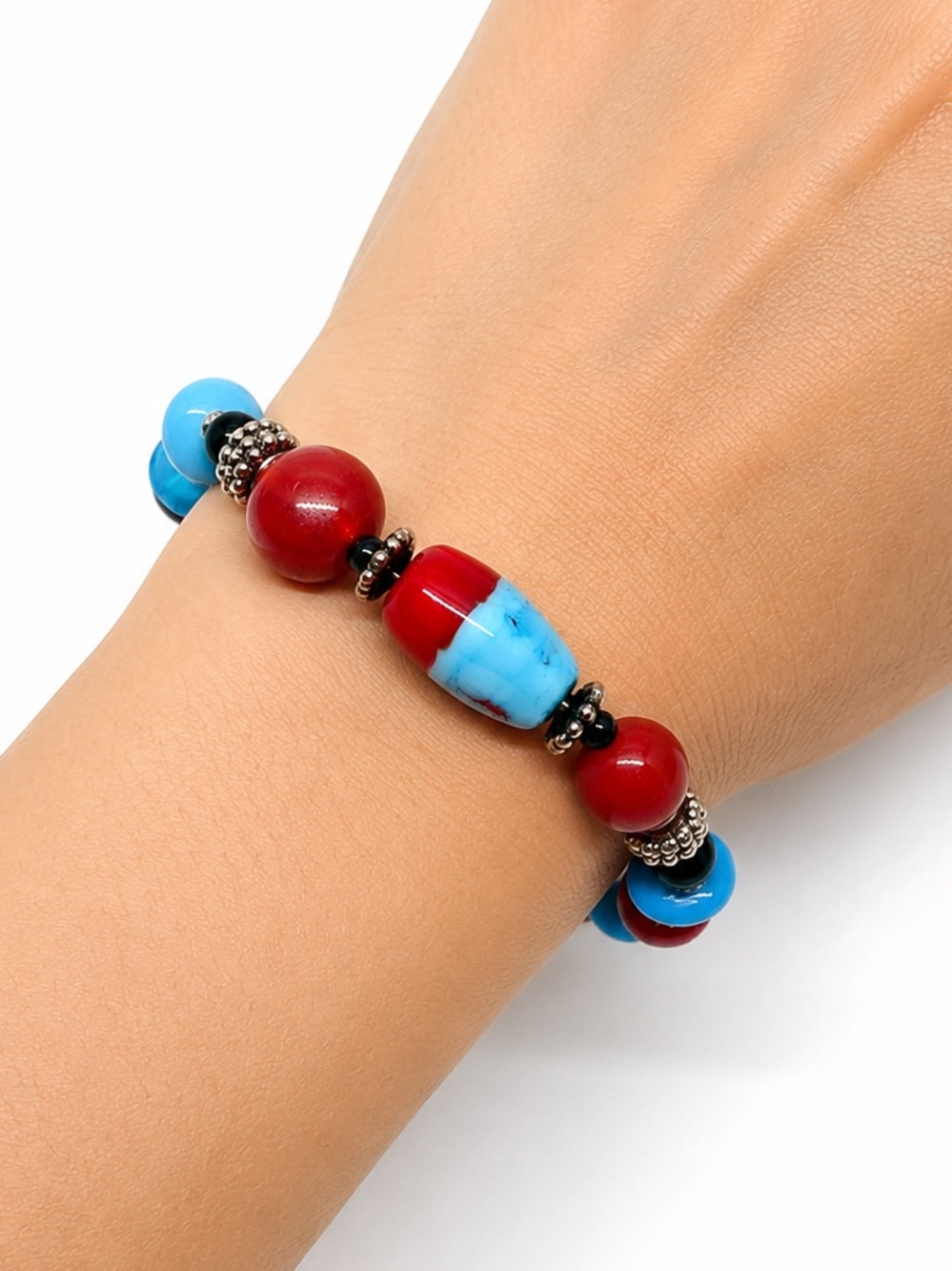 Artisan Art Glass Beaded Bracelet Red Turquoise Blue Black Silver Tone Toggle 7”